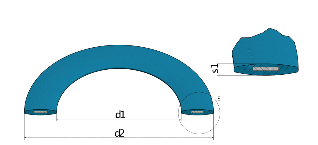 Technical drawing of a curved blue pipe with labeled dimensions d1, d2, and section view S1.