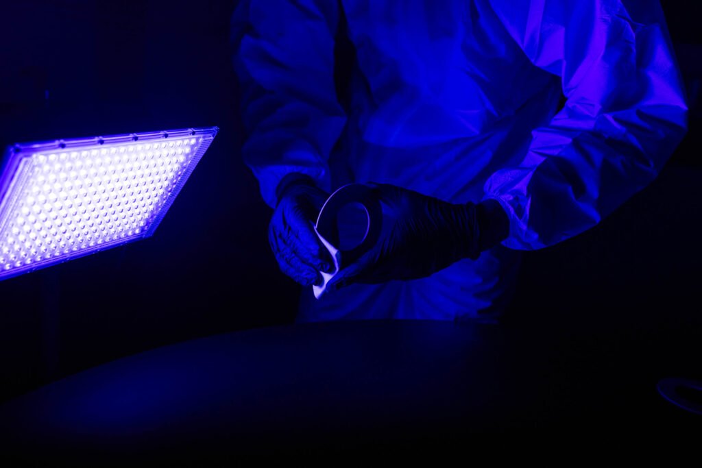 Person in gloves and protective suit handling material under blue light from a bright LED panel.